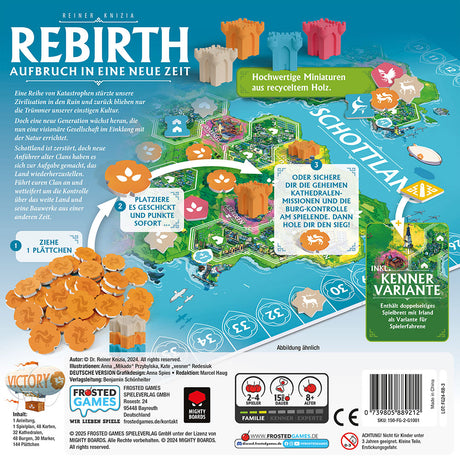 Rebirth Brettspiel mit Holzminiaturen und farbiger Spiellandkarte