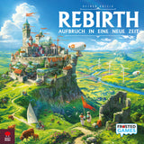 Rebirth Aufbruch in eine neue Zeit Brettspiel mit Steampunk-Schloss und grüner Landschaft