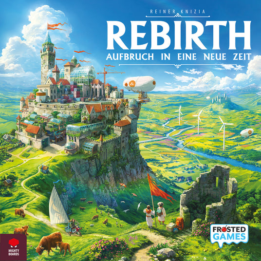 Rebirth Aufbruch in eine neue Zeit Brettspiel mit Steampunk-Schloss und grüner Landschaft