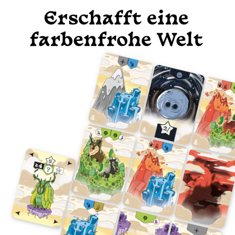 Brettspielkarten mit farbenfrohen Welten und Landschaften