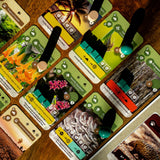 Skellig Games Erde Kartenspiel Übersicht mit Pflanzen und Tierkarten auf Holztisch