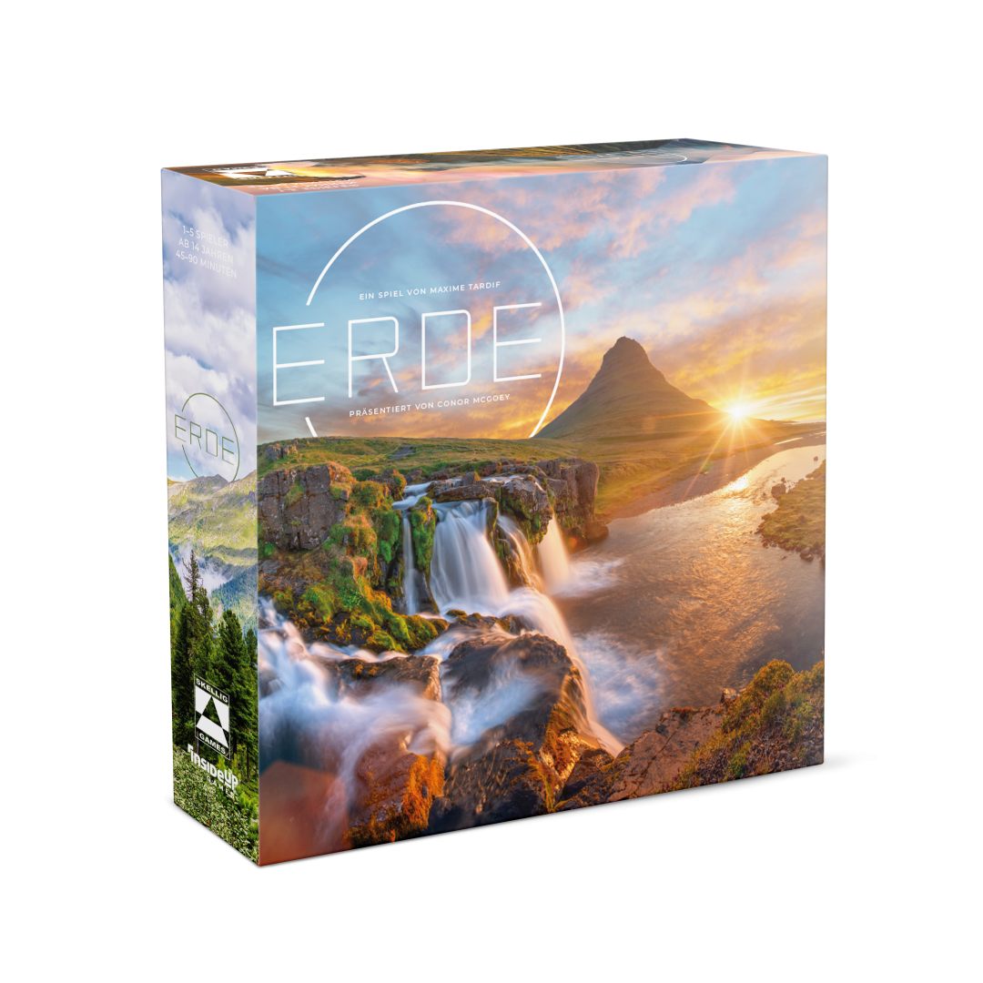 # Erde Brettspiel Spieleschachtel mit isländischer Landschaft und Wasserfall