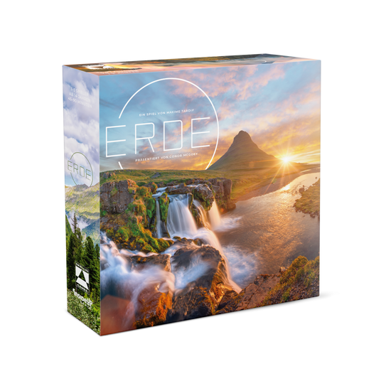 # Erde Brettspiel Spieleschachtel mit isländischer Landschaft und Wasserfall