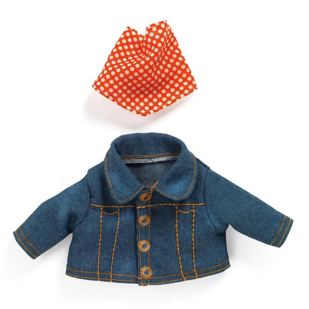 POMEA Puppenkleidung Jeansjacke mit rotem Pünktchentuch ; POMEA Puppenkleidung Jacke Denim Jeans blau für Puppen ; # Alt-Text:POMEA Puppenkleidung Set: Denim-Jacke mit rotem Polka-Dot-Kopftuch ; # POMEA Puppenkleidung Jacke: Denim-Jacke mit rotem Halstuch für PuppenOder kürzer:# Puppe trägt blaue Denim-Jacke, weiße Hose und Sneaker ; POMEA Puppenkleidung Jacke blau weiß rote Bandana Puppe