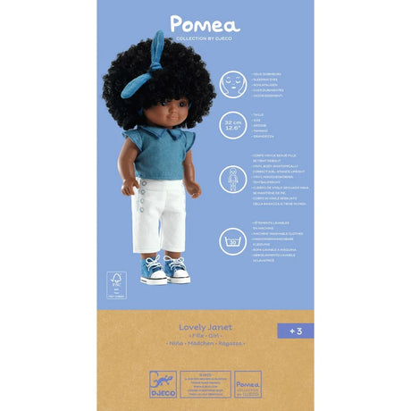 POMEA Puppe Lovely Janet mit schwarzen Locken und blauem Outfit ; Pomea Puppe Lovely Janet mit schwarzen Locken und blauem Outfit ; POMEA Puppe Lovely Janet mit lockigem schwarzem Haar von hinten