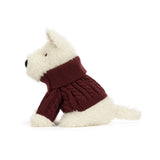 Weißer Jellycat Munro Scottie Dog mit burgunderrotem Strickpullover
