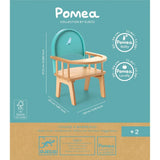 POMEA Puppenstuhl mit Tablett, Holz, für Puppen ab 2 Jahren ; Pomea Puppenstuhl aus Holz mit türkisem Rückenlehnen-Design, Djeco ; POMEA Puppenstuhl aus Holz mit grüner Rückenlehne und Vogel-Motiv ; POMEA Puppenstuhl aus Holz mit Puppe beim Essen sitzend