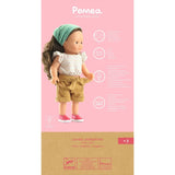 POMEA Puppe Lovely Joséphine mit grünem Haarband und kariertem Oberteil ; POMEA Puppe Lovely Joséphine mit Kopftuch, Bluse und Shorts ; POMEA Puppe Lovely Joséphine mit braunem lockigem Haar, Rückansicht