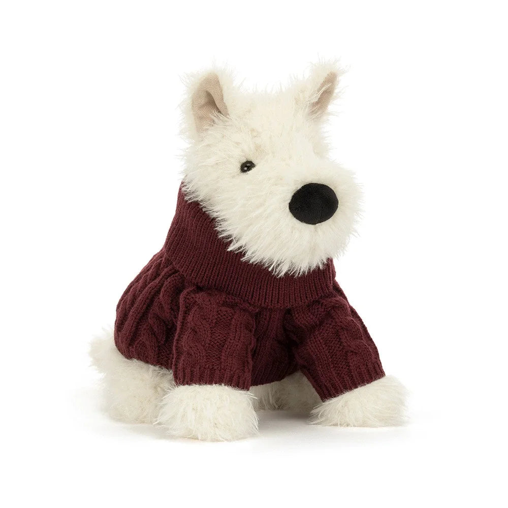 Weiches Jellycat Munro Scottie Dog Plüschtier mit burgunderfarbenem Wollpullover