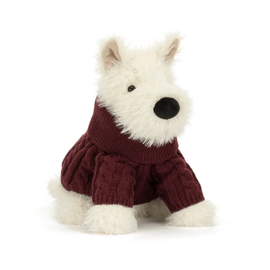 Weiches Jellycat Munro Scottie Dog Plüschtier mit burgunderfarbenem Wollpullover