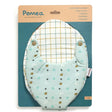 POMEA Puppentrage Blue Gray mit Muster, Djeco Kollektion ; POMEA Puppentrage Blue Gray für 32-42cm Puppen, maschinenwaschbar ; POMEA Puppentrage Blue Gray mit gelben Trägern und Hörnern ; POMEA Puppentrage Blue Gray mit Puppe und gelbem Tragesystem