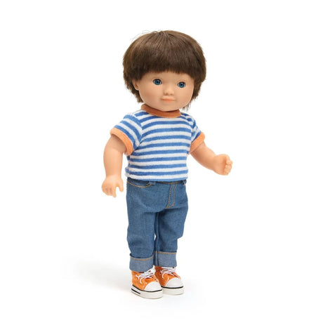 POMEA Puppe Lovely Fred mit braunem Haar, blauem Streifenshirt und Jeans ; POMEA Puppe Lovely Fred 32cm mit Striped Shirt und Jeans von Djeco