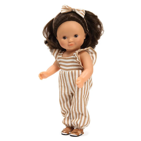 POMEA Puppe Lovely Rosalie mit braunen Haaren und gestreiftem Outfit ; POMEA Puppe Lovely Rosalie 32cm mit braunem Haar und Kleid ; POMEA Puppe Lovely Rosalie mit braunen Haaren und gestreiftem Kleid ; POMEA Puppe Lovely Rosalie von hinten mit braunen Haaren