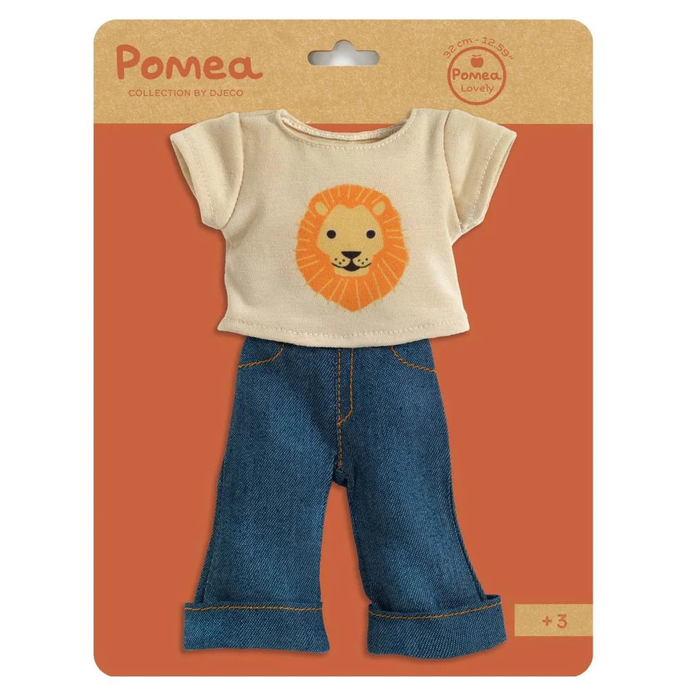 POMEA Puppenkleidung Lovely Ivory mit Löwenshirt und Jeans ; POMEA Puppenkleidung Lovely Ivory mit Löwen-Design für 32cm Puppen ; POMEA Puppenkleidung Lovely Ivory: Löwen-Shirt und Jeans Set ; POMEA Puppe mit blonde Haare, Löwen-Shirt und Jeans-Outfit