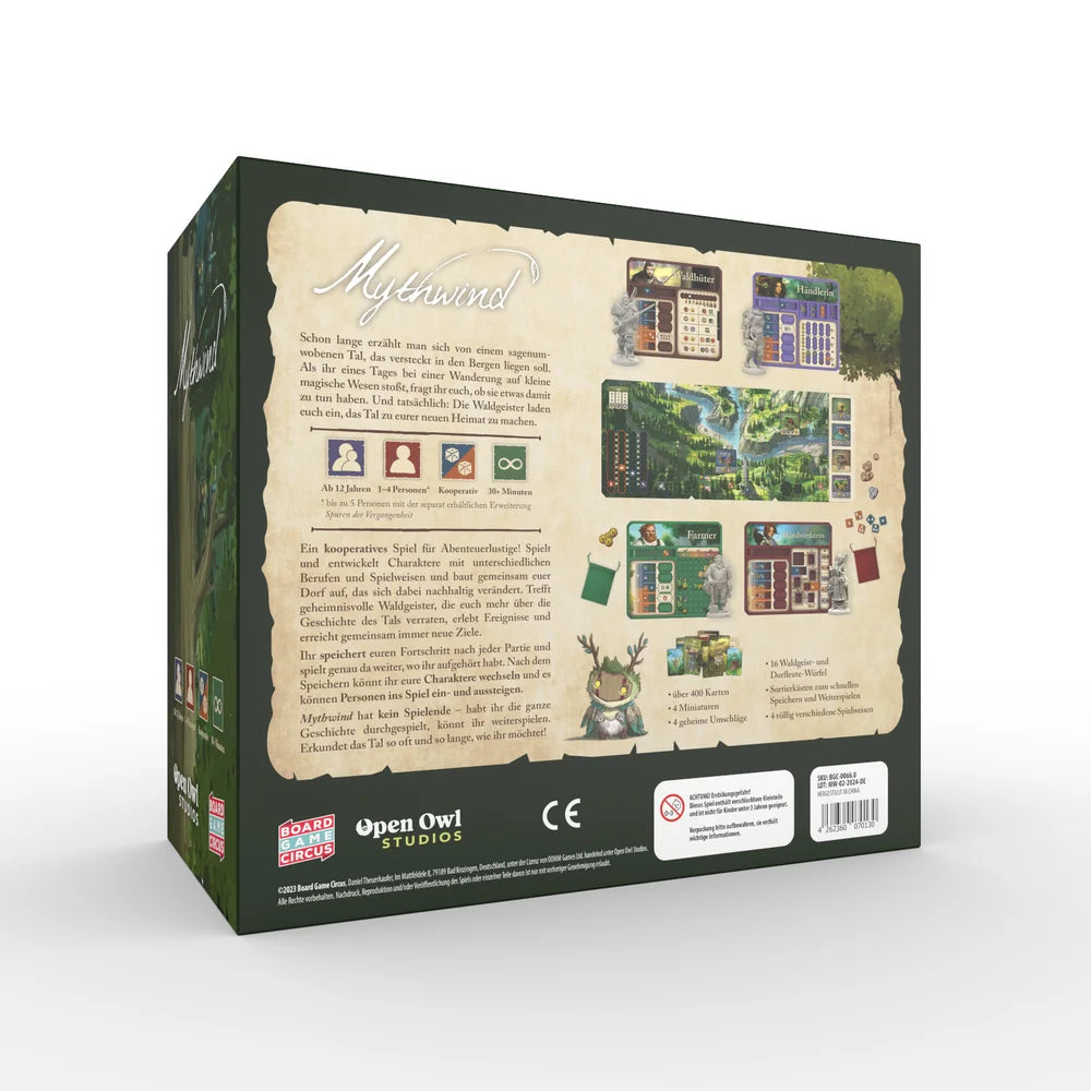Mythwind Brettspiel Verpackung mit Spielkomponenten und Spielanleitung
