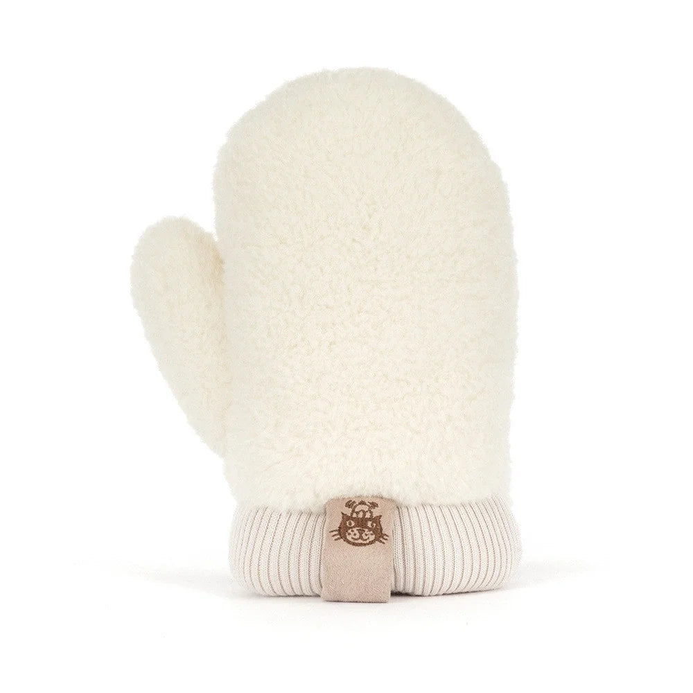 Jellycat Amuseables Fitswell Mitten cremeweiß mit Rippenbündchen und Etikett