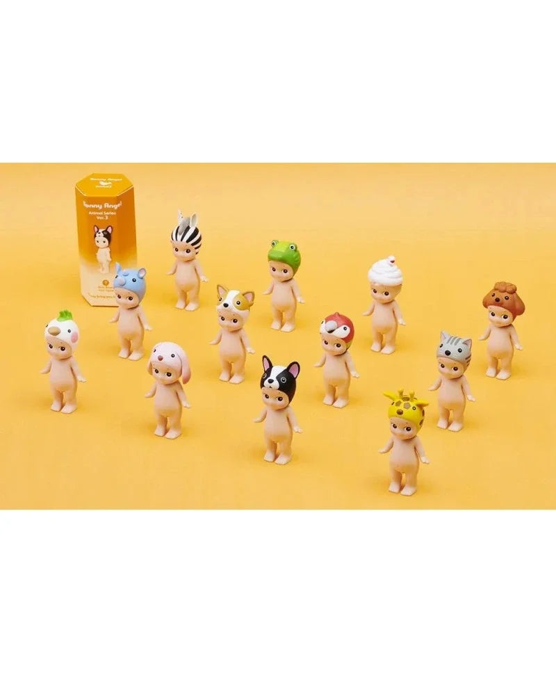 Sonny Angel Animal Series 3 Sammelfiguren mit verschiedenen Tiermotiven auf gelbem Hintergrund