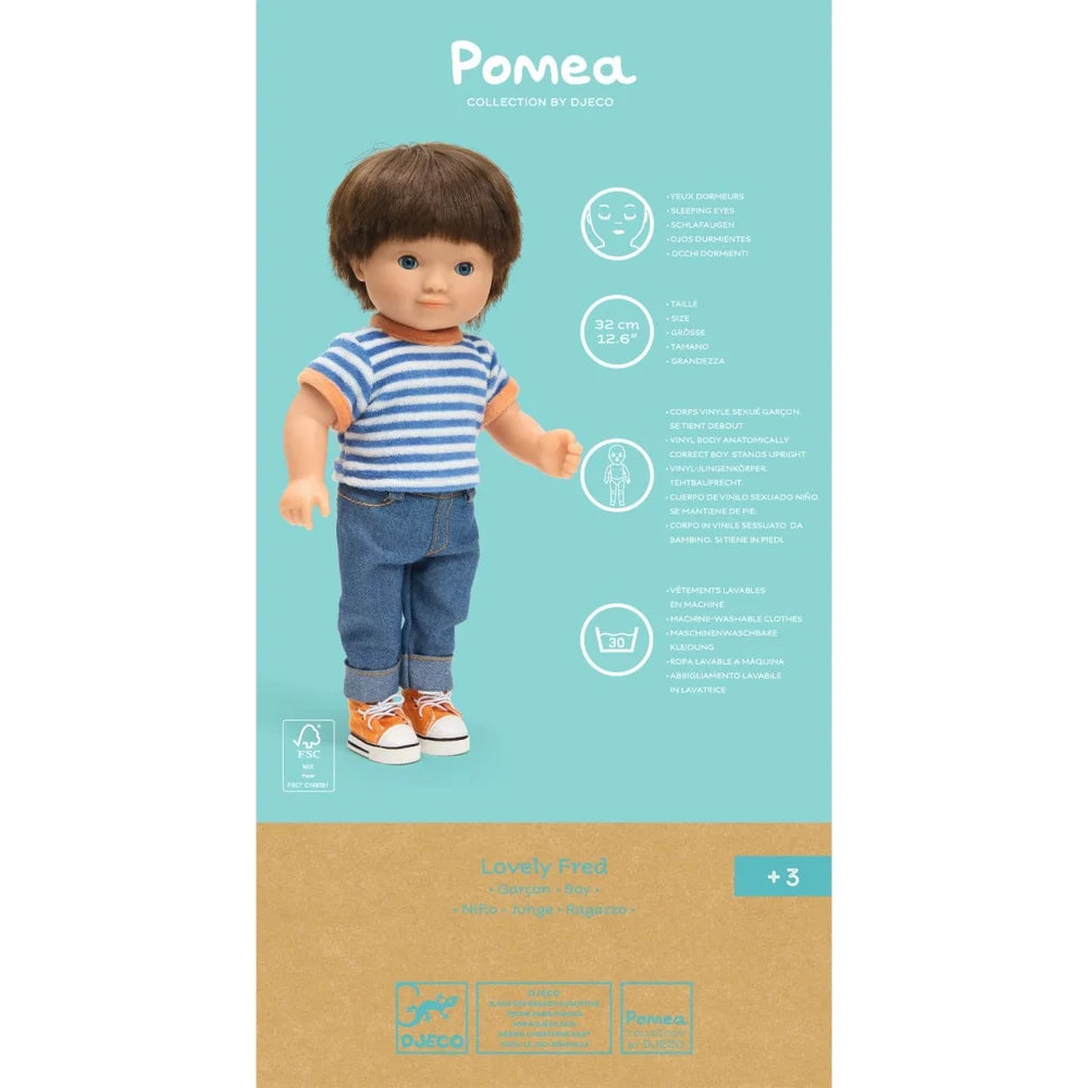 POMEA Puppe Lovely Fred mit braunem Haar, blauem Streifenshirt und Jeans ; POMEA Puppe Lovely Fred 32cm mit Striped Shirt und Jeans von Djeco