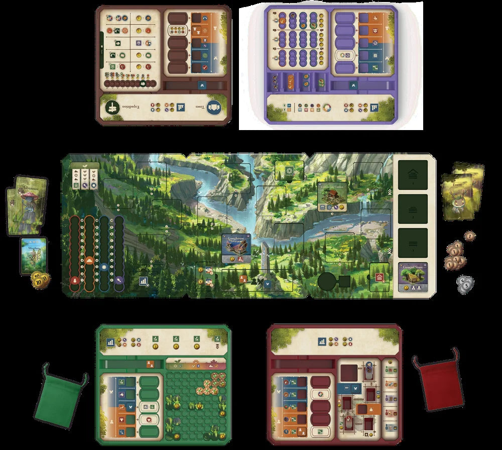 Mythwind Brettspiel mit Spielplan, Komponenten und Stoffbeuteln