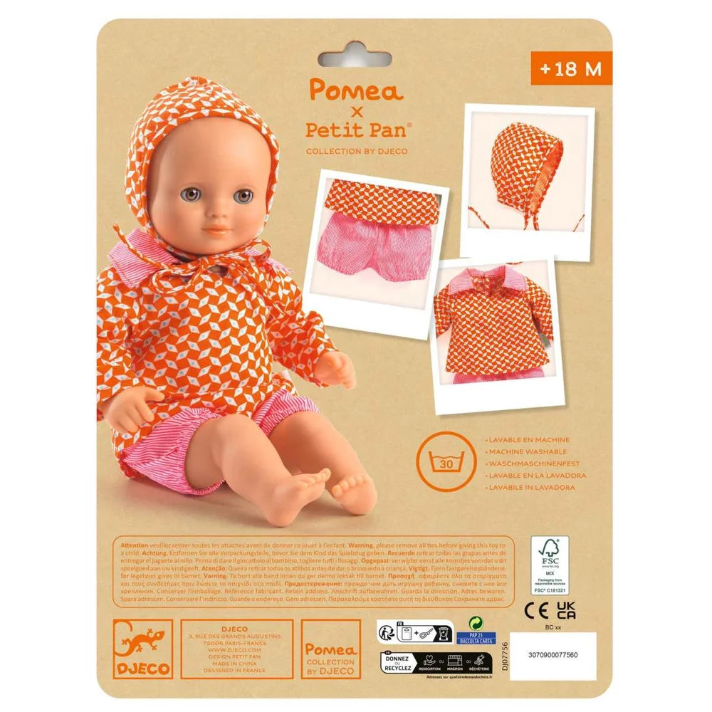 POMEA Puppenkleidung Pépin: Oranges Hemd mit geometrischem Muster und rosa Hose ; Pomea Puppenkleidung Pépin orange-rosa Set mit Mütze und Shorts ; POMEA Puppenkleidung Pépin: Orange Tunika, rosa Shorts und Mütze ; POMEA Puppenkleidung Pépin orange-weiß kariert mit rosa Mütze und Shorts
