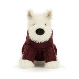 Weißer Jellycat Munro Scottie Dog mit burgundy Winterpullover