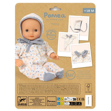 POMEA Puppenkleidung Paloma Strampler mit Kragen, Blumenmuster, 18M ; Pomea Paloma Puppenkleidung Set mit Mütze und Tasche für 18 Monate ; POMEA Puppenkleidung Paloma Set: Strampler, Mütze und Kragen ; POMEA Paloma Puppenkleidung: Babypuppe mit grauem Mütze und gemustertem Strampler