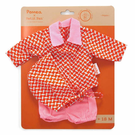 POMEA Puppenkleidung Pépin: Oranges Hemd mit geometrischem Muster und rosa Hose ; Pomea Puppenkleidung Pépin orange-rosa Set mit Mütze und Shorts ; POMEA Puppenkleidung Pépin: Orange Tunika, rosa Shorts und Mütze ; POMEA Puppenkleidung Pépin orange-weiß kariert mit rosa Mütze und Shorts