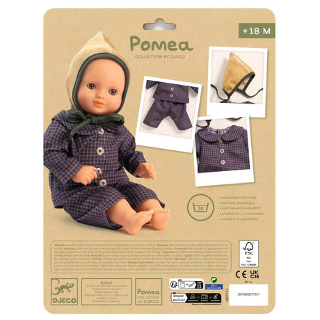 # POMEA Puppenkleidung Ambre - kariertes Kleid mit brauner Schürze ; POMEA Puppenkleidung Ambre - Kleid, Hose, Tasche und Haube für Puppen ; POMEA Puppenkleidung Ambre: Karierten Anzug mit Haube für Puppen ; POMEA Puppenkleidung Ambre: Puppe mit kariertem Anzug und Mütze