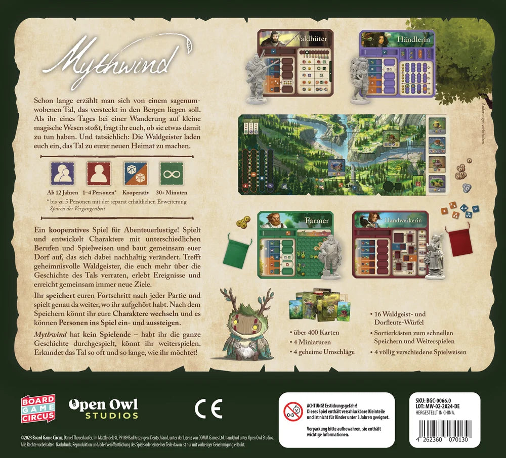 Mythwind Brettspiel Komponenten Spielplan Charaktertafeln Karten Würfel
