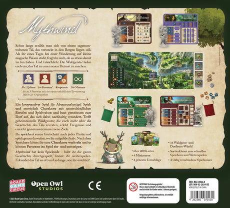 Mythwind Brettspiel Komponenten Spielplan Charaktertafeln Karten Würfel