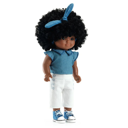 POMEA Puppe Lovely Janet mit schwarzen Locken und blauem Outfit ; Pomea Puppe Lovely Janet mit schwarzen Locken und blauem Outfit ; POMEA Puppe Lovely Janet mit lockigem schwarzem Haar von hinten