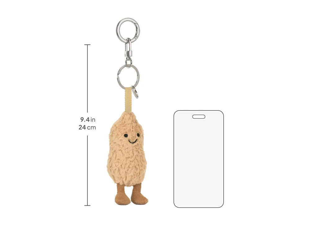 Jellycat Erdnuss Schlüsselanhänger Plüsch mit Größenvergleich zum Smartphone