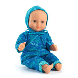Pomea Puppenkleidung Mikado blaugrünes Blumenmuster Wickeljacke Hose ; POMEA Puppenkleidung Mikado blauer Anzug mit Kopftuch für Babypuppen ; POMEA Puppenkleidung Mikado Set blau mit Blumenmuster und Mütze ; POMEA Puppenkleidung Mikado blau Blumenmuster Puppe sitzt