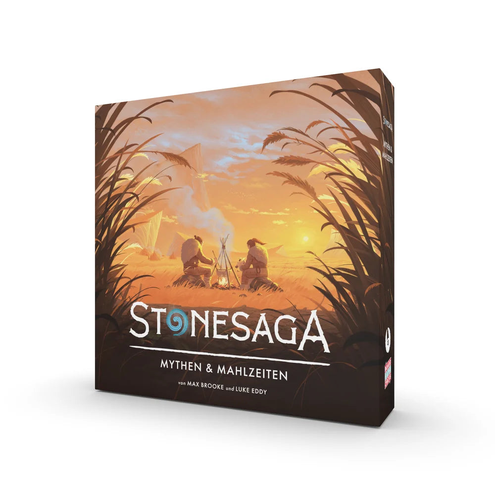 Stonesaga Mythen & Mahlzeiten Brettspiel Erweiterung mit Sonnenuntergang-Artwork