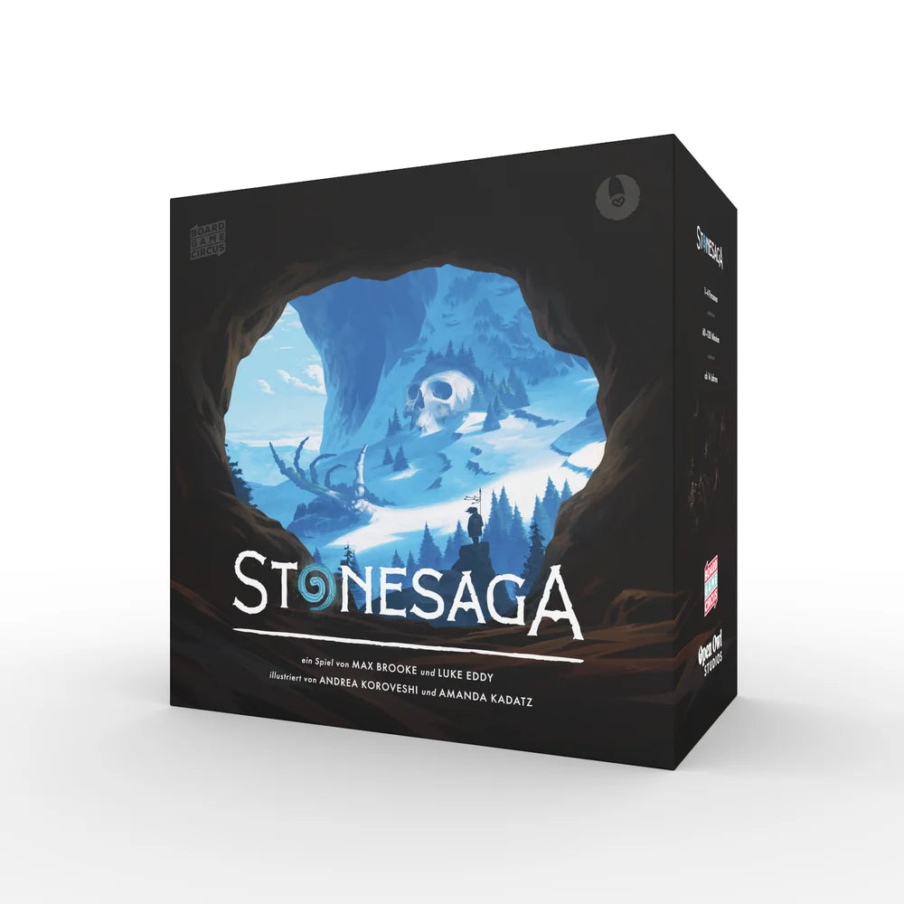 Stonesaga Brettspiel Verpackung mit Höhlen- und Berglandschaft Illustration