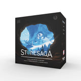 Stonesaga Brettspiel Verpackung mit Höhlen- und Berglandschaft Illustration