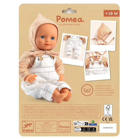 POMEA Puppenkleidung Cannelle: Latzhose mit kariertem Shirt, 18M ; POMEA Puppenkleidung Cannelle Set mit Haube und weißer Kleidung ; POMEA Puppenkleidung Cannelle: Kariertes Shirt mit weißer Latzhose und Haube ; POMEA Puppe in Cannelle Kleidung mit Haube und Strampler