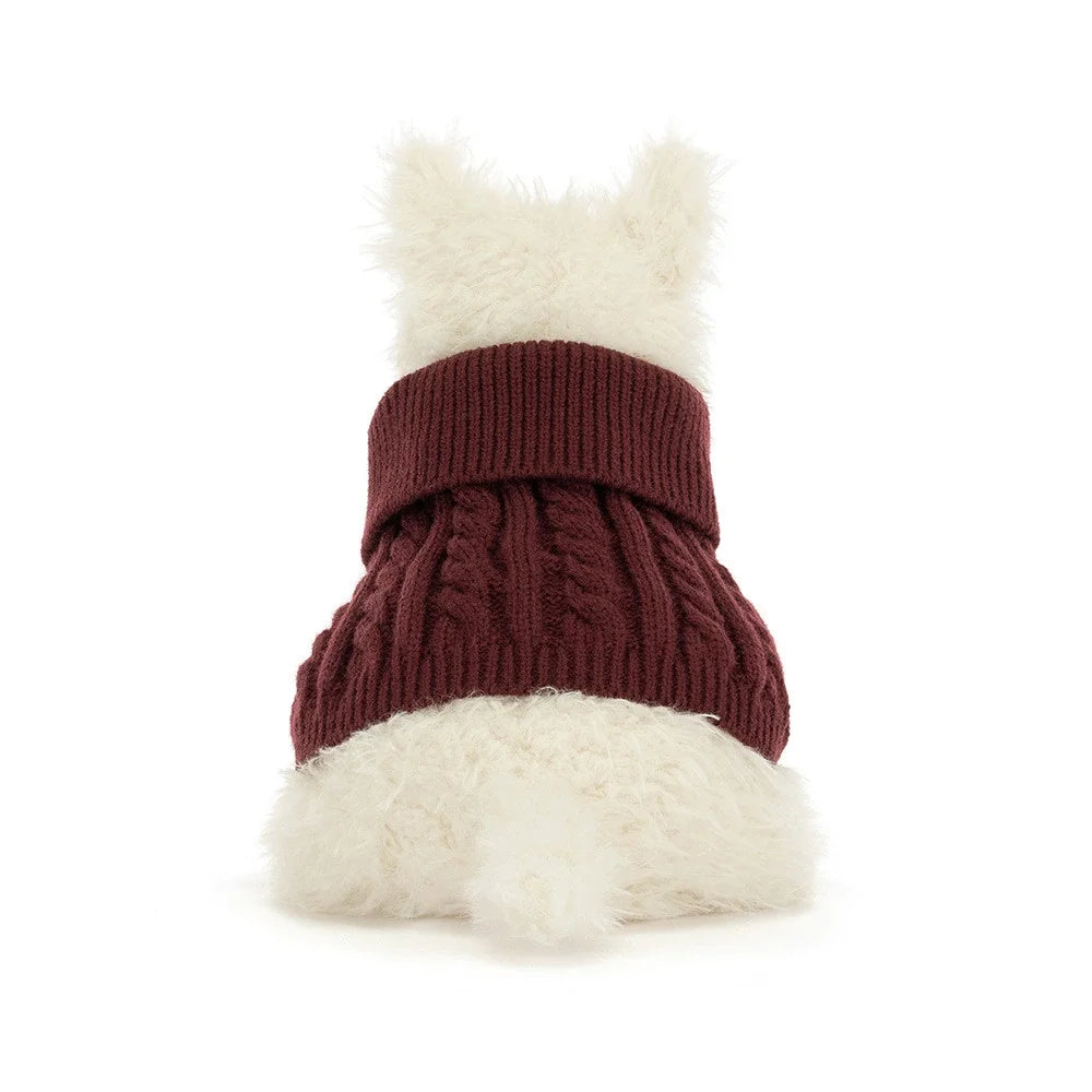 Jellycat Munro Scottie Dog trägt burgunderfarbenen Strickpullover mit weißem Pelz