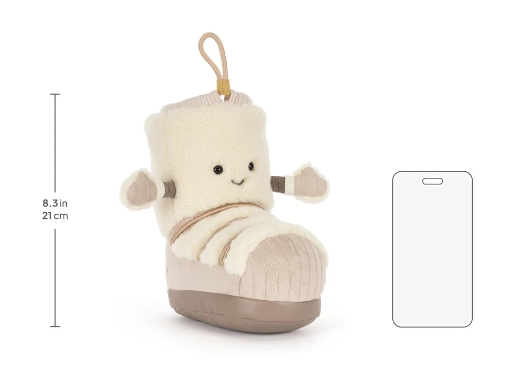 Jellycat Amuseables Perta Snow Boot Plüschtier mit Größenvergleich zum Smartphone