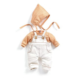 POMEA Puppenkleidung Cannelle: Latzhose mit kariertem Shirt, 18M ; POMEA Puppenkleidung Cannelle Set mit Haube und weißer Kleidung ; POMEA Puppenkleidung Cannelle: Kariertes Shirt mit weißer Latzhose und Haube ; POMEA Puppe in Cannelle Kleidung mit Haube und Strampler