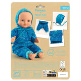 Pomea Puppenkleidung Mikado blaugrünes Blumenmuster Wickeljacke Hose ; POMEA Puppenkleidung Mikado blauer Anzug mit Kopftuch für Babypuppen ; POMEA Puppenkleidung Mikado Set blau mit Blumenmuster und Mütze ; POMEA Puppenkleidung Mikado blau Blumenmuster Puppe sitzt