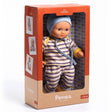 Baby Puppe Canary von Pomea in gestreiftem Outfit mit Kopftuch ; POMEA Puppe Canary in gelb-blauem Streifenpyjama mit grauem Häubchen ; POMEA Puppe Canary in gestreifter Kleidung auf Holzbank sitzend ; Pomea Puppe Canary 32cm mit Schlafaugen und gestreiftem Outfit ; POMEA Puppe Canary mit blauem Auge sitzt im hellblauen Outfit