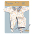 POMEA Puppenkleidung Paloma Strampler mit Kragen, Blumenmuster, 18M ; Pomea Paloma Puppenkleidung Set mit Mütze und Tasche für 18 Monate ; POMEA Puppenkleidung Paloma Set: Strampler, Mütze und Kragen ; POMEA Paloma Puppenkleidung: Babypuppe mit grauem Mütze und gemustertem Strampler