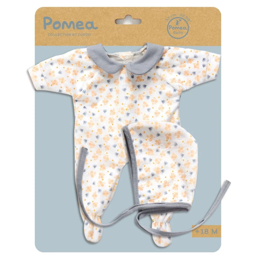 POMEA Puppenkleidung Paloma Strampler mit Kragen, Blumenmuster, 18M ; Pomea Paloma Puppenkleidung Set mit Mütze und Tasche für 18 Monate ; POMEA Puppenkleidung Paloma Set: Strampler, Mütze und Kragen ; POMEA Paloma Puppenkleidung: Babypuppe mit grauem Mütze und gemustertem Strampler