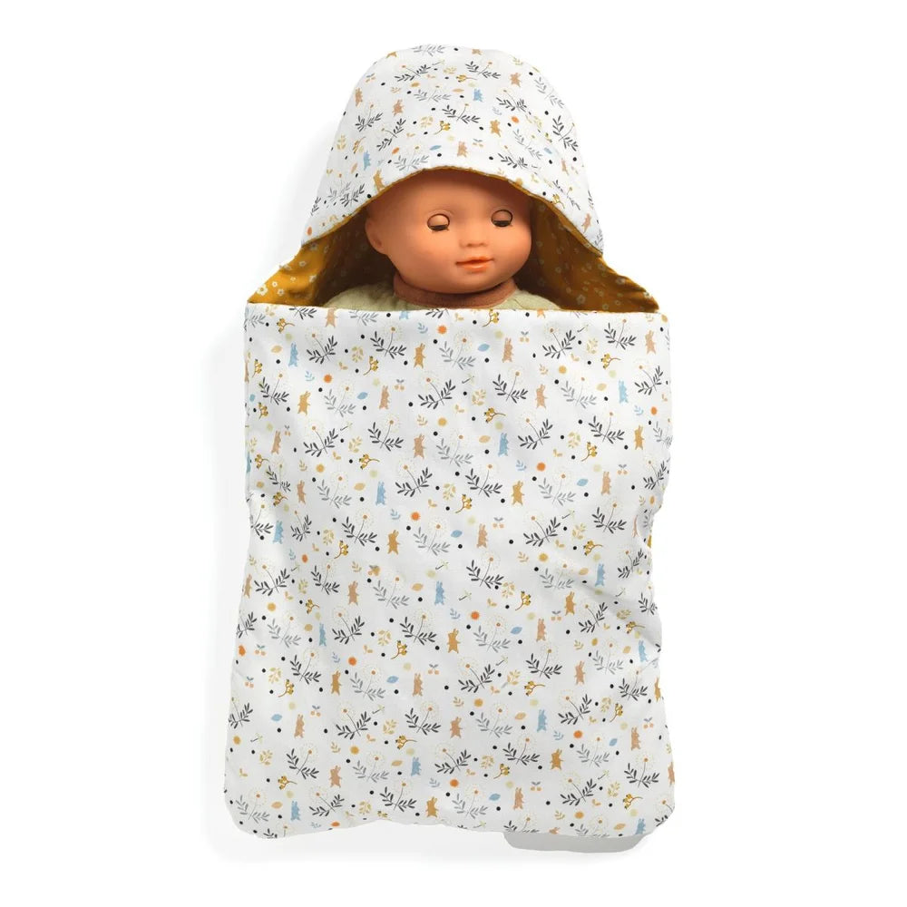 POMEA Puppen Schlafsack Rabbits mit Kaninchen-Muster und gelbem Band ; POMEA Puppen Schlafsack Rabbits mit Hasen-Muster gelb weiß ; POMEA Puppen Schlafsack Rabbits mit Mütze für 30 cm Puppen ; POMEA Puppen Schlafsack Rabbits mit Häschen-Muster, weiß