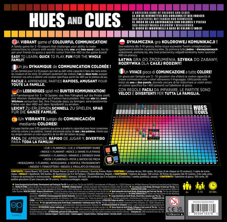 Hues and Cues Familienspiel mit Farbpalette und Spielanleitung mehrsprachig