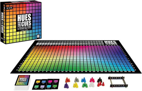 Hues and Cues Brettspiel mit Farbpalette, Spielbrett und Spielzubehör