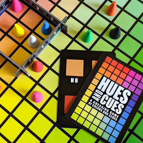 Hues and Cues Farbratespiel mit Farbpalette und Spielkomponenten