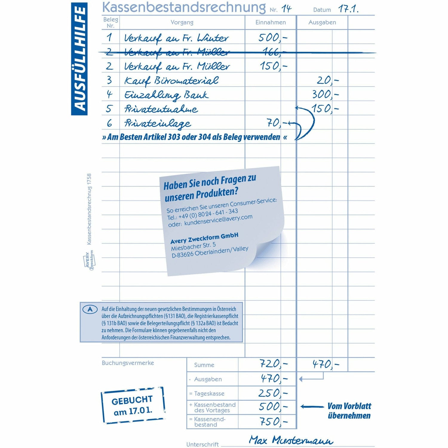 Avery-Zweckform | Kassenbestandsrechnung | 1758