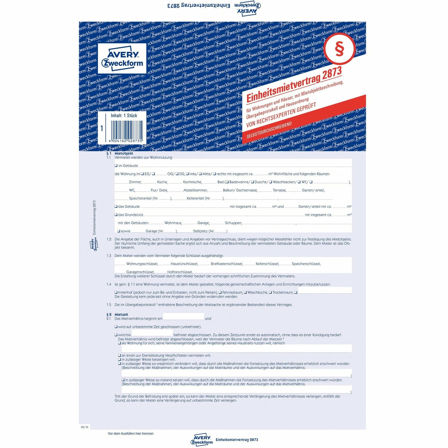 Avery-Zweckform | Einheitsmietvertrag für Wohnungen und Häuser | 2873